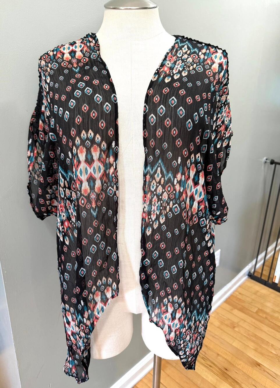 Size‎ L large Aztec Print Semi Sheer Chiffon Lace Sleeve Chiffon Kimono Cover Up